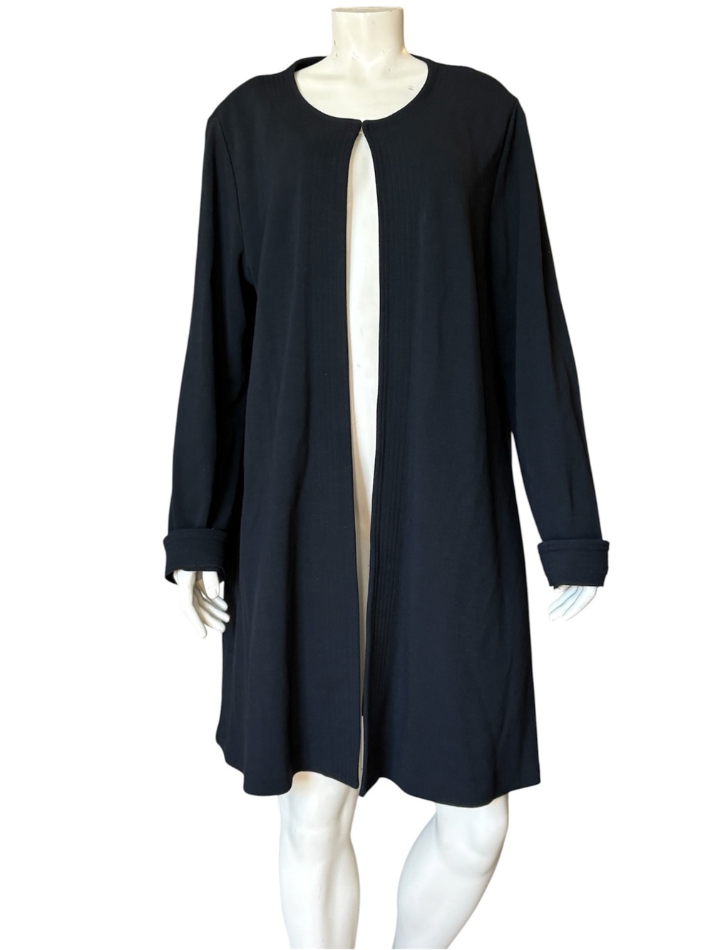 Eileen Fisher Black Open-Front Long Cardigan Coat Size L Wool Blend Minimalist